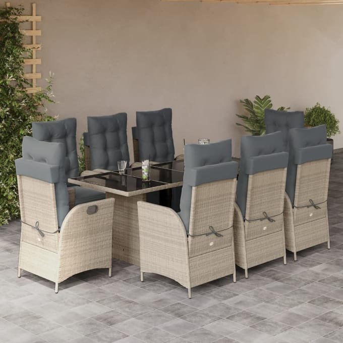 vidaXL - 9-delige - Tuinset - met - kussens - poly - rattan - lichtgrijs