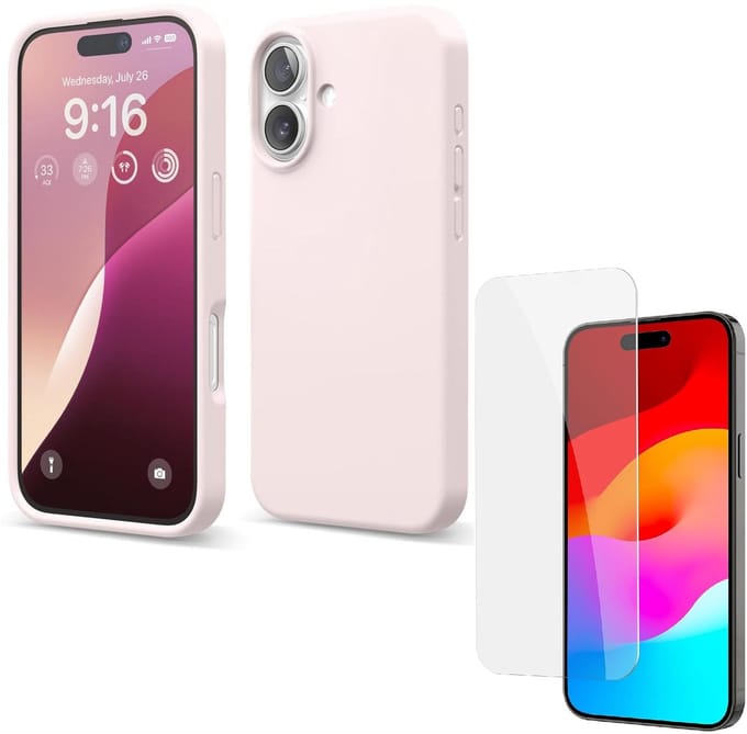 Solid hoesje Soft Touch Liquid Silicone Flexible TPU Rubber + Screenprotector- Geschikt voor: iPhone 16 - Lichtroze