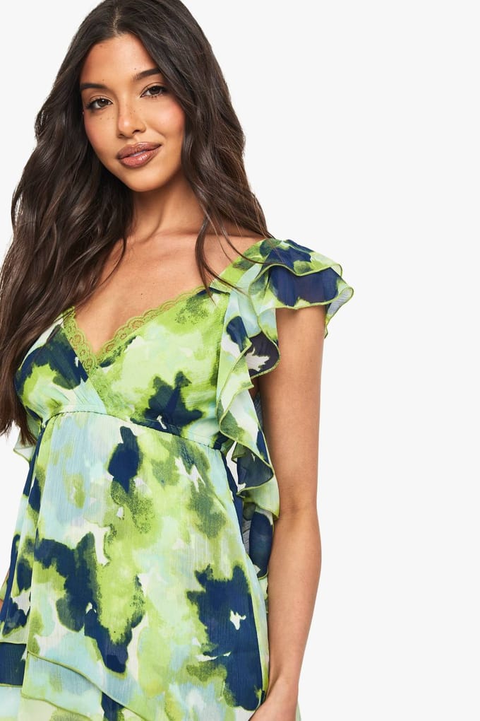 boohoo Dames Floral chiffon asymmetrische ruches blouse | Green | Maat: 8