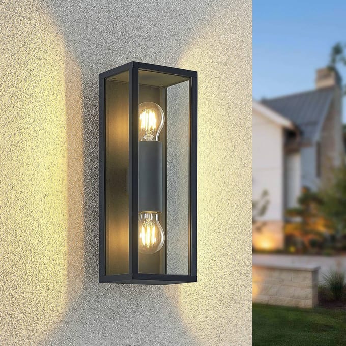 Lindby - Wandlamp buiten - 2lichts - Aluminium, glas - H: 38 cm - E27 - donkergrijs