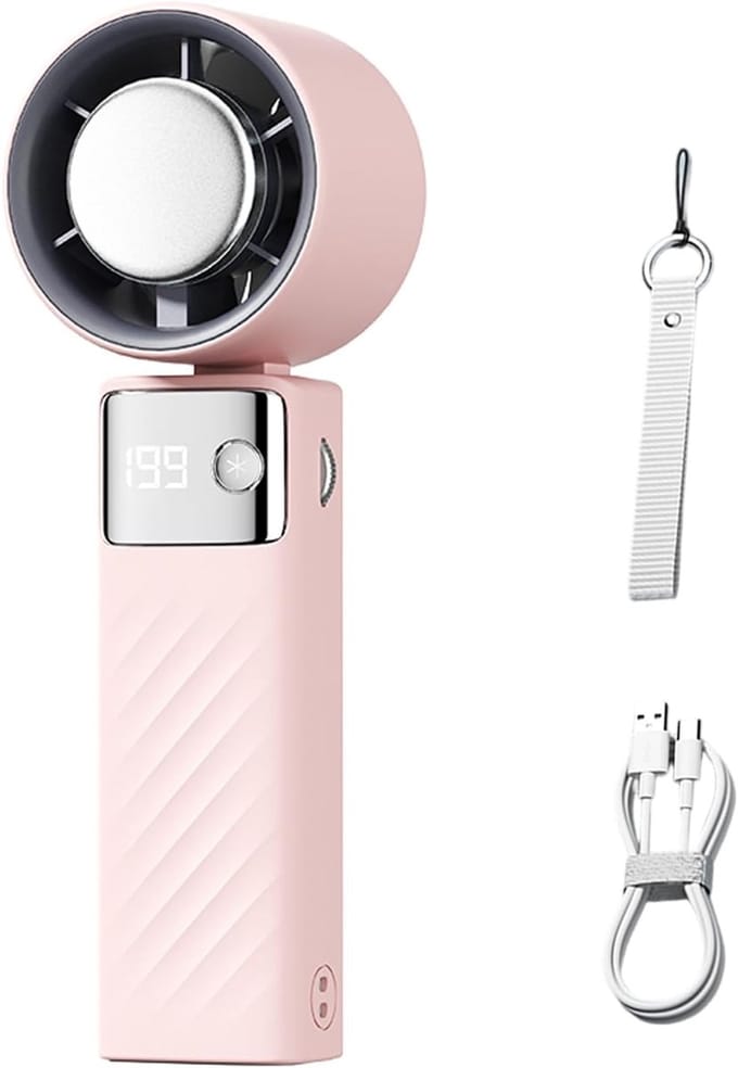 Handventilator met Koelfunctie – 4000mAh – USB-C Oplaadbaar – 199 Instelbare Snelheden – Digitaal Display – Draagbare Mini Ventilator met Koelplaat – Roze – 1 stuk