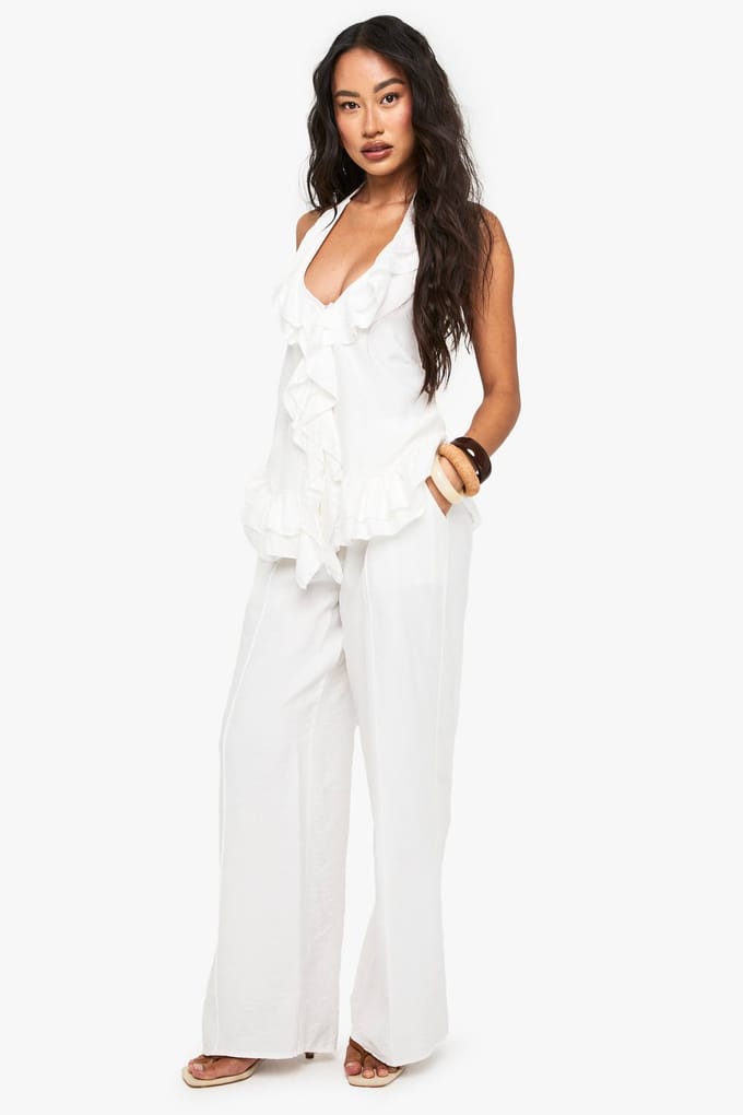 boohoo Dames Geweven Crinkle Naad Detail Wijde Pantalon | Wit | Maat: 36