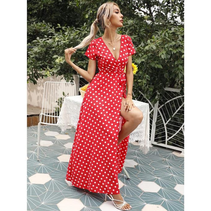 Dames Zomer Taille Korte Mouw Polka Dot Split Jurk 2XL red