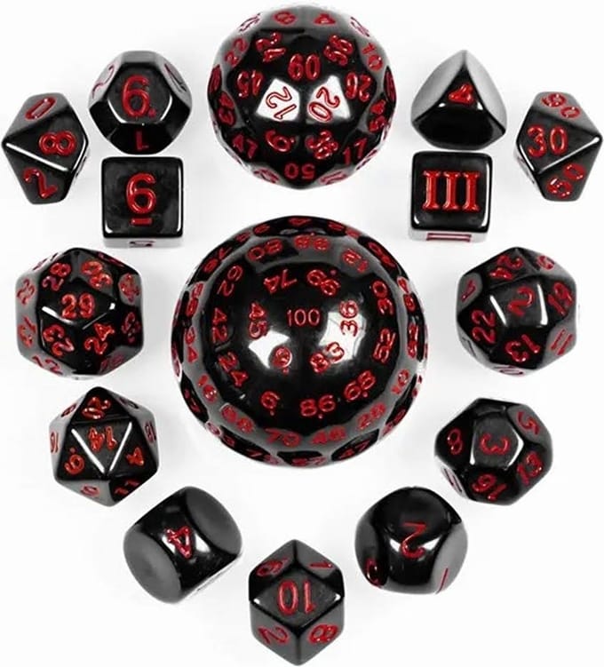Lapi Toys - Dungeons and Dragons dobbelstenen - DnD - D&D - Polydice - set (15 stuks) - D3-D100 - Acryl - Zwart - Rood