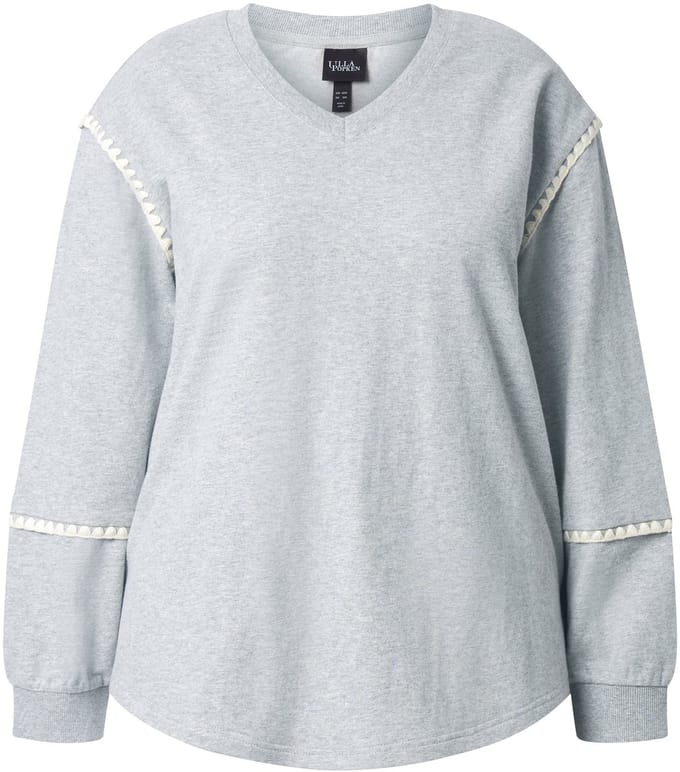 Ulla Popken - Dames - Sweatshirt siernaden oversized V-hals lange mouwen - Lichtgrijs melange - Maat 42+