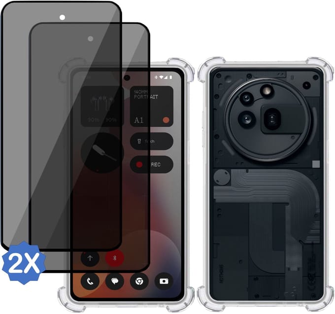 TechNow Hoesje + 2x Privé Screenprotector geschikt voor Nothing Phone (3a) Pro – Hoesje Screenprotector - Privacy Tempered Glass - Case Transparant