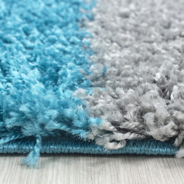 Muratap Basic shaggy geblokt vloerkleed turquoise / wit hoogpolig- 80x250