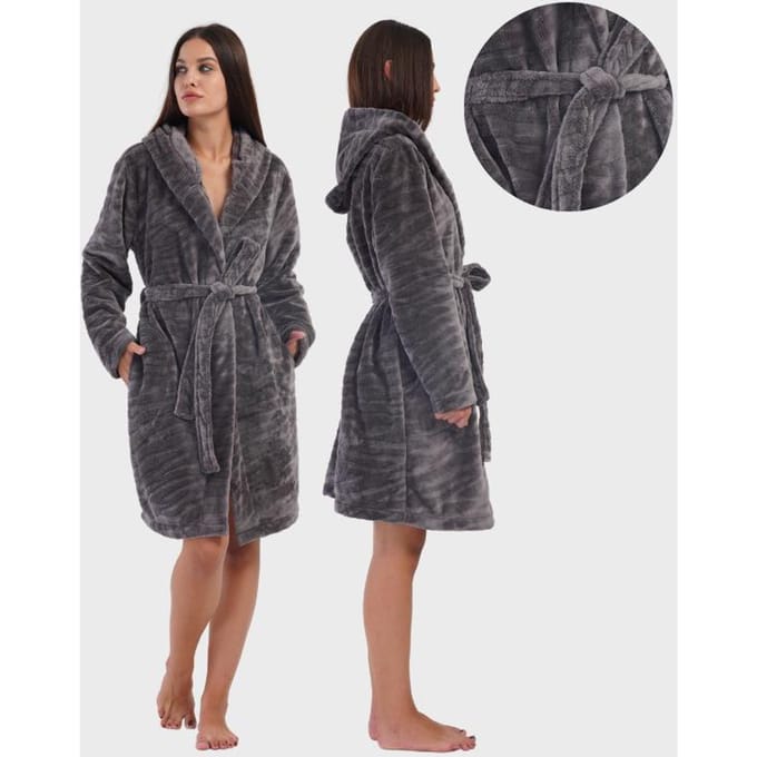 Damespluche badjas met capuchon en zakken M Comfortabel Met ceintuur Warm black