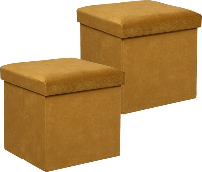 Atmosphera Poef/krukje/hocker Amber - 2x - Opvouwbare zit opslag box - fluweel Okergeel - D38 x H38 cm - MDF/polyester