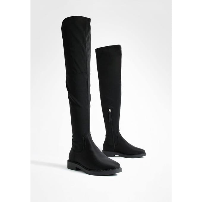 boohoo Dames Wide Fit Flat Stretch Over The Knee Boots | Black | Maat: 3