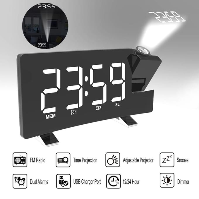 Réveil radio FM multifonction avec projection et port de chargement USB blanc