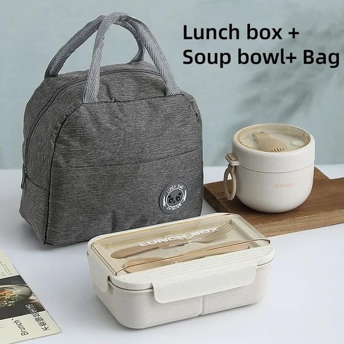 Draagbare Bestekset Lunchbox Waterbeker Soepkom met Lepel Vork Studenten Reizen School Kantoor Magnetron Voedselcontainer gray