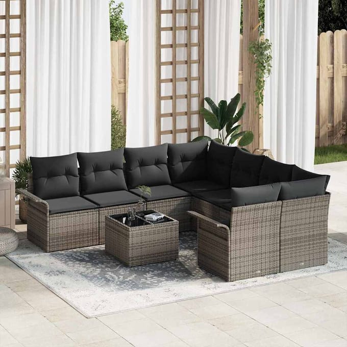 vidaXL Tuinbank Set met kussen met opslag 9 pcs Grijs poly rattan