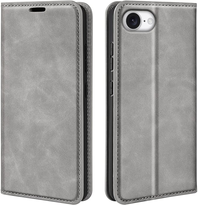 MobyDefend Hoesje - Geschikt voor iPhone 16e / iPhone 17e - Luxe Wallet Bookcase (Magnetische Sluiting) - Grijs
