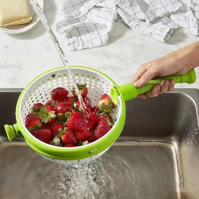 Panier de vidange de cuisine, panier de lavage de salade de fruits et légumes, panier de lavage, passoire à maille rotative, déshydrateur blanc/vert