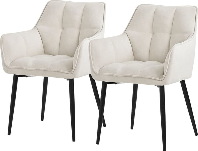 ML-Design eetkamerstoelen set van 2 in badstof, crème, keukenstoel met dikke gestoffeerde zitting en metalen poten, woonkamerstoel met rugleuning en armleuningen, ergonomische loungestoel