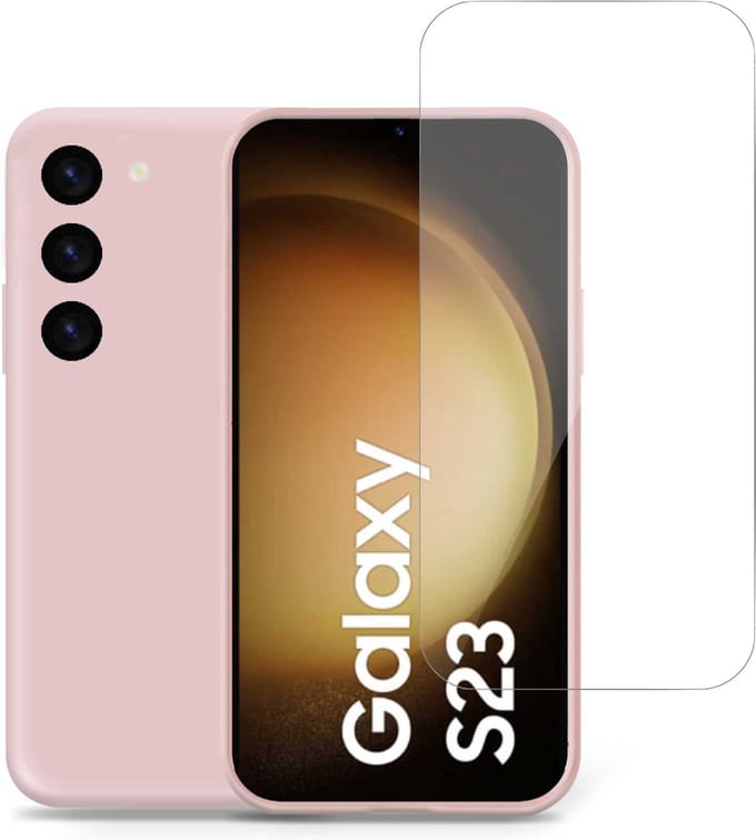 Geschikt voor Samsung S23 Plus Hoesje + Screenprotector – Gehard Glas Cover - Suède Case Rose