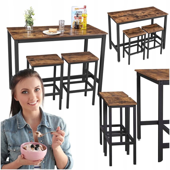 Songmics VASAGLE - Keukentafel en Barkrukken Set - Rustiek Bruin - Zwart Staal - Ruimtebesparing