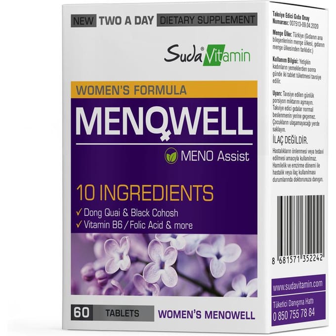 Suda Vitamine Menowell - Ondersteuning voor de Gezondheid van Vrouwen Tijdens de Menopauze 60 Tabletten 1 PC