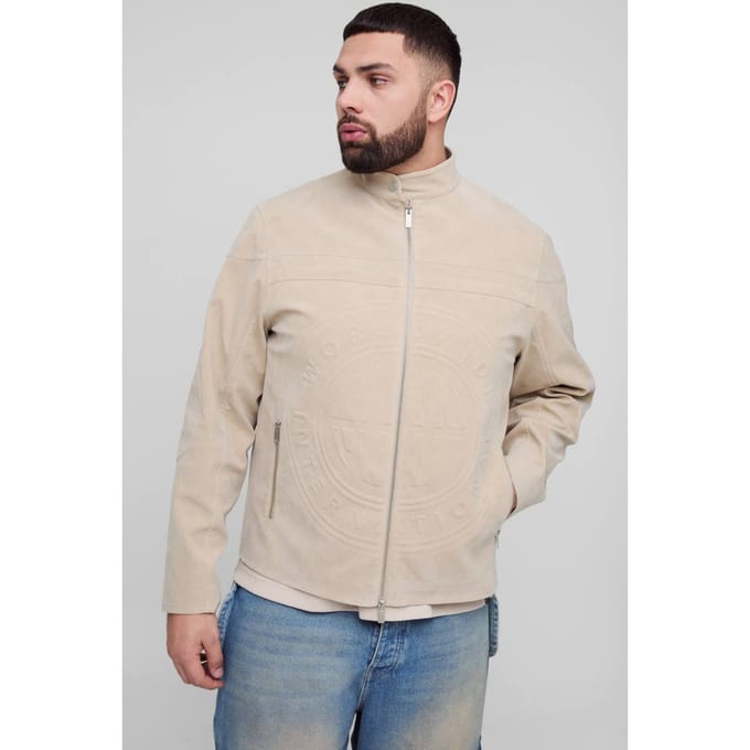Plus Tumbled Faux Suede Embossed Regular Fit Biker Jacket | Stone | Size 4XL