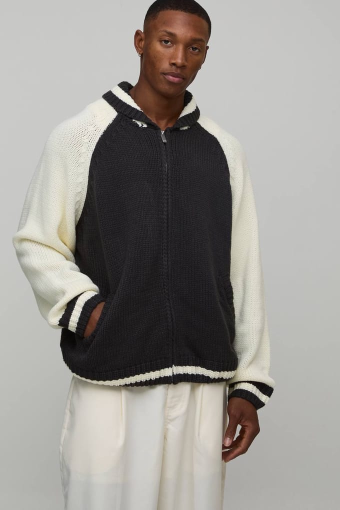 Oversized Chunky Knitted Bomber Jacket | Ecru | Size Medium