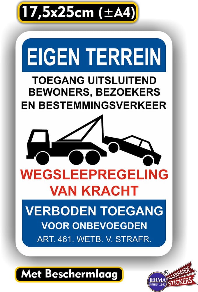 Jerma - Sticker – Eigen terrein – Wegsleepregeling – 17.5x25 cm – Vinyl - Weerbestendig - Zelfklevend