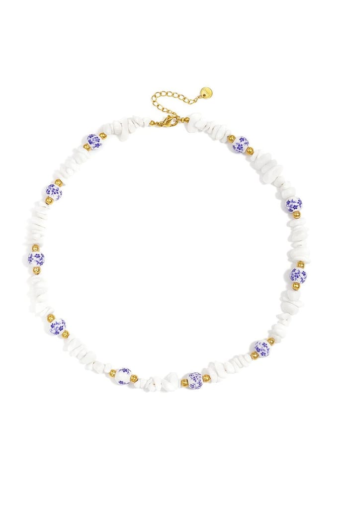 Bijoutheek Collier Zomer Kralen Wit Blauw Goudkleurig