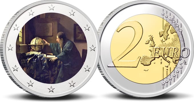 2 Euro munt kleur Vermeer De Astronoom
