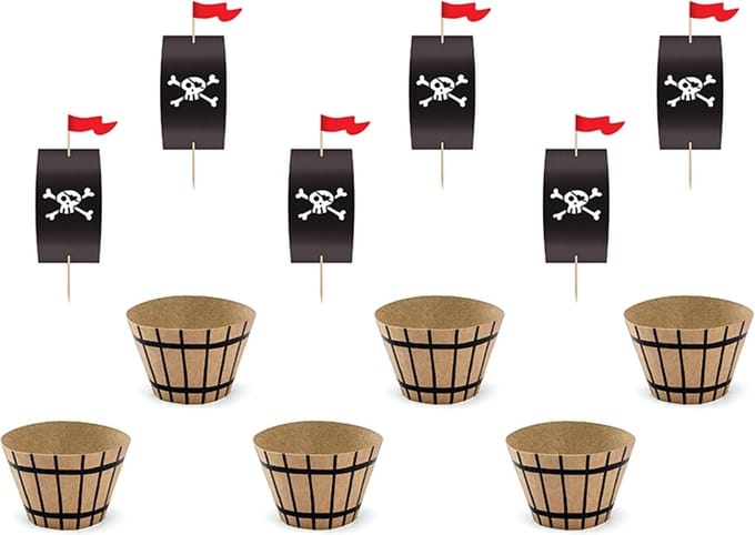 PartyDeco Cupcake Wrapper met Topper Piraten Feest pk/6
