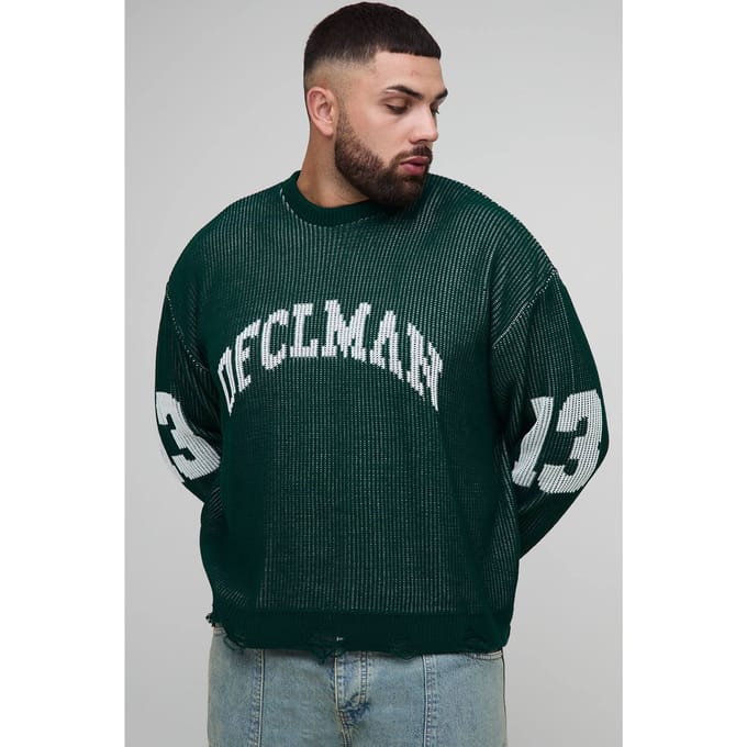 Plus Ribbed Knit Oversized Distressed Varsity Jumper | Forest | Size 2XL