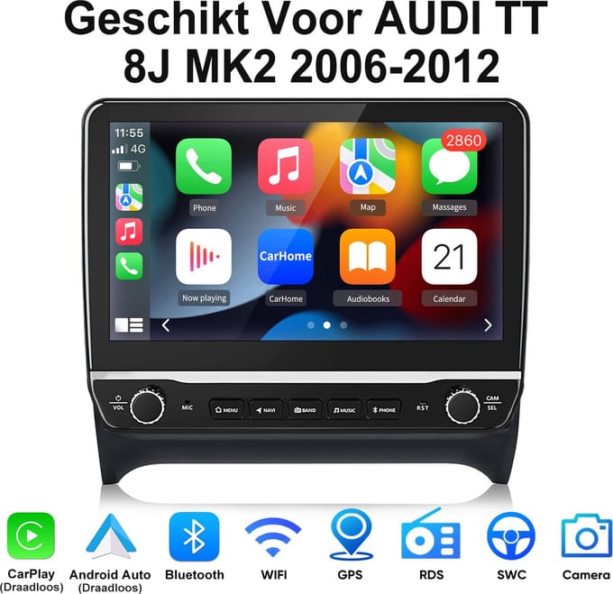 Junsun Android 15 Autoradio Geschikt Voor AUDI TT 8J MK2 2006-2012 Accessoires, 2GB+32GB, Draadloze CarPlay & Android Auto, DAB+, GPS-Navigatie, Bluetooth, WiFi, 10.1-inch HD Touchscreen, DSP, FM, USB, Quad-core processor