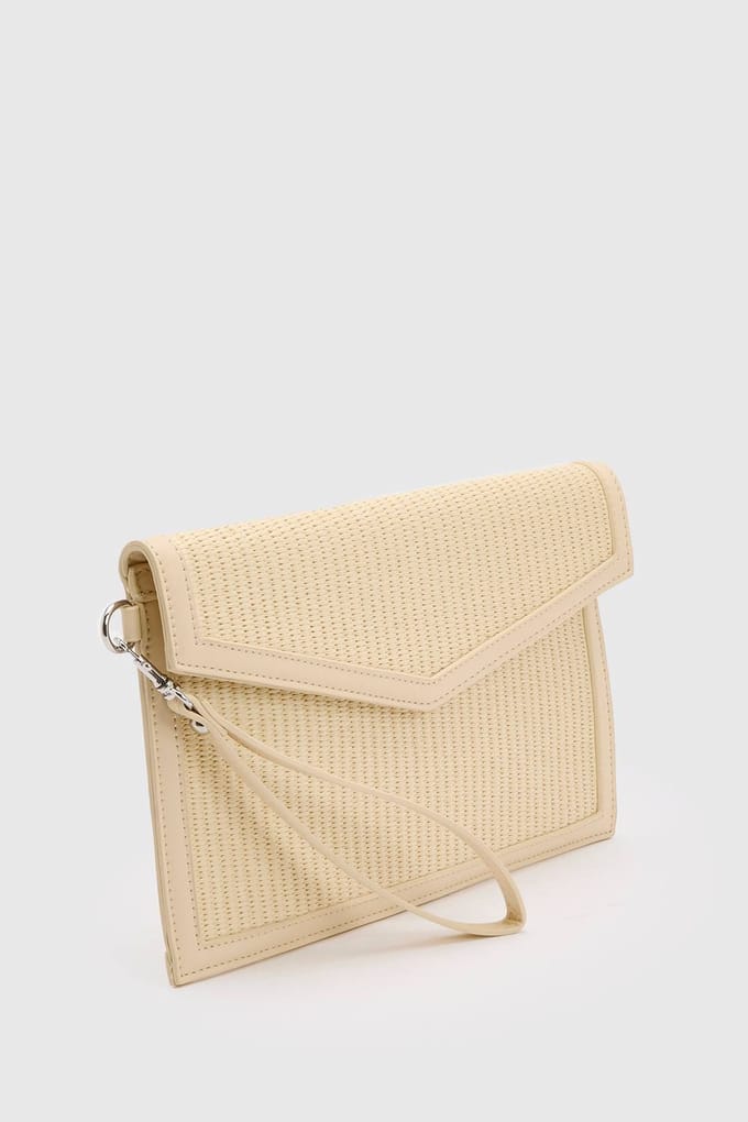 boohoo Dames Contrasterende Raffia Clutch Met Afneembaar Handvat | Creme