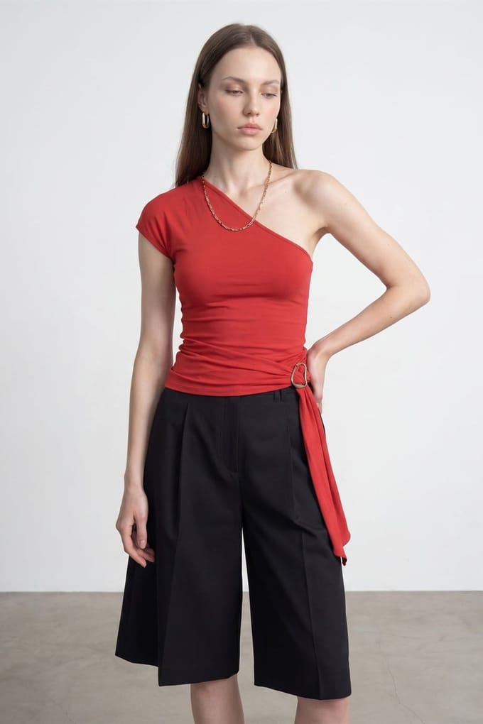Slim Fit Off-Shoulder Jersey Blouse met Strikdetail
