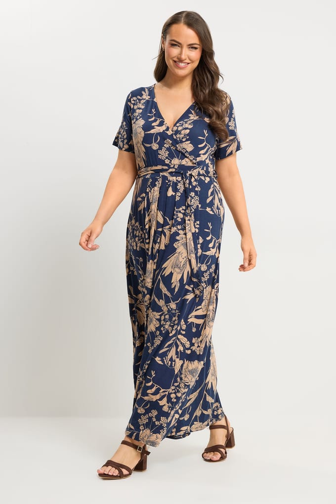 Yours Marineblauwe Wikkeljurk Met Bloemenprint Size 44