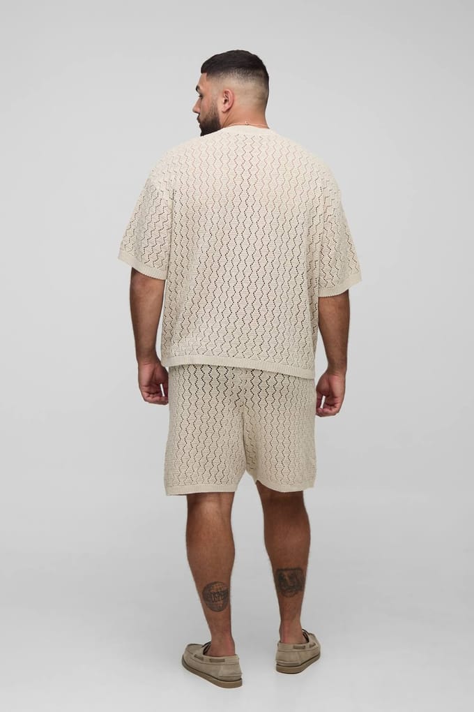 Plus Oversized Boxy Zig Zag Crochet T-Shirt & Short Set | Natural | Size 2XL