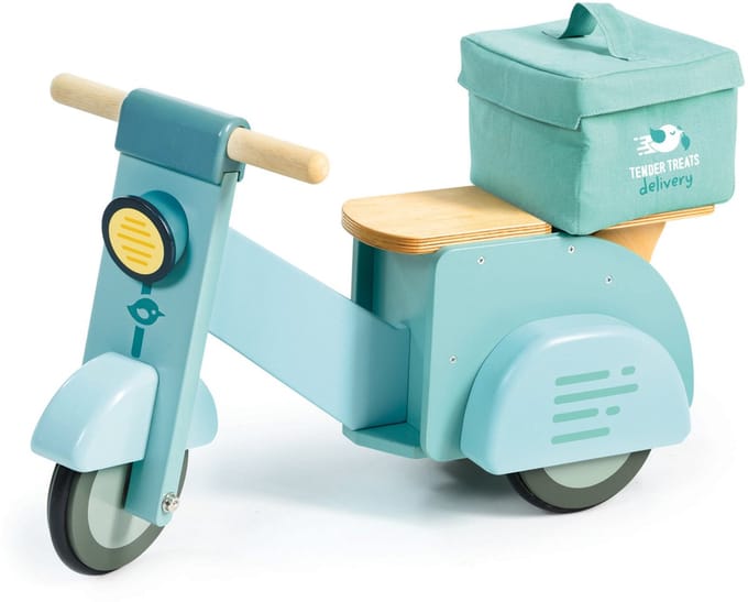 Tender Leaf houten ride-on delivery scooter speelgoed met canvas tas.