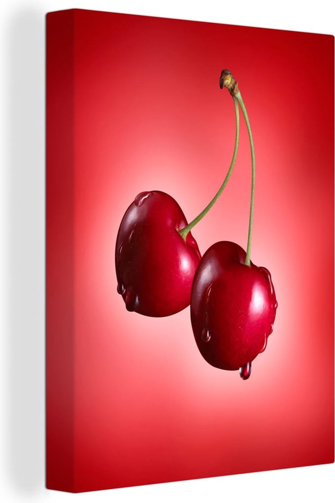 Canvas Schilderij Kersen - Fruit - Rood - 90x120 cm - Wanddecoratie