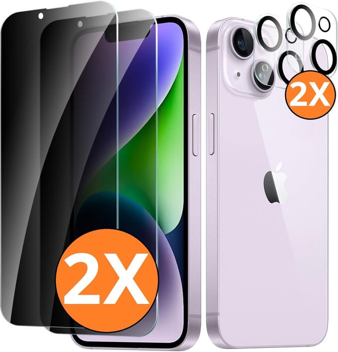 Privacy screenprotector Geschikt voor iPhone 14 - screenprotector Privacy Met iPhone 14 camera lens - Complete bescherming voor iPhone 14 – scherm en camera in één set - 2X
