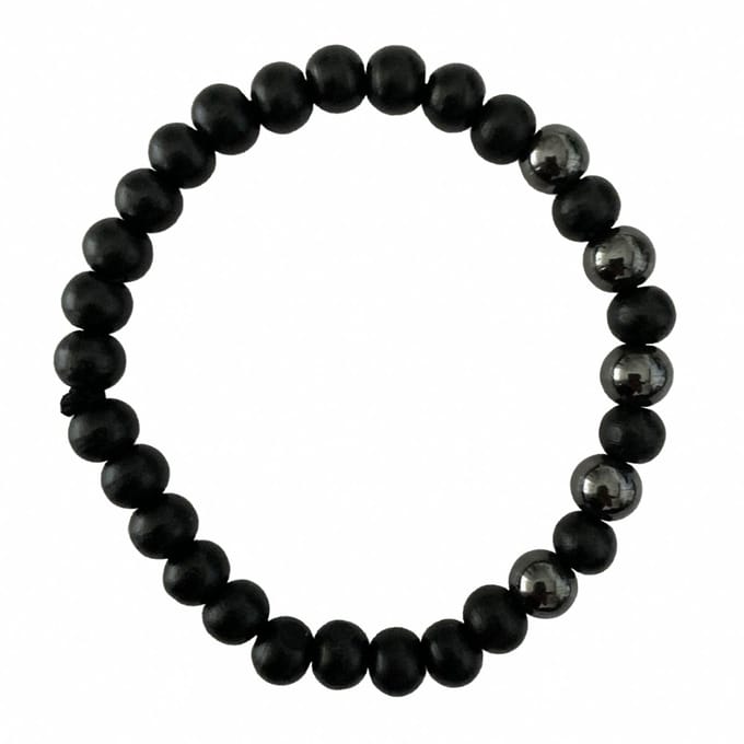 Armband - natuursteen - hout - zwart - 5 Hematite stenen - 8 mm 21 cm