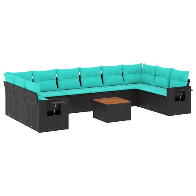 vidaXL - 11-delige - tuinbankset - met - kussens, - zwart - polyrotan