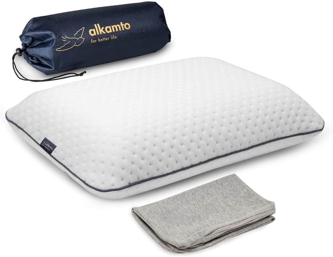 Alkamto Reiskussen & Campingkussen – Ergonomisch Traagschuim – 40x25x10 cm – Met Draagtas – Wit