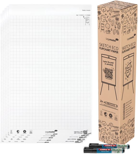 Legamaster SKETCH ECO flip-overblok met geruit papier, 5 x 20 vellen, incl. 2 edding 31 flipchartmarkers