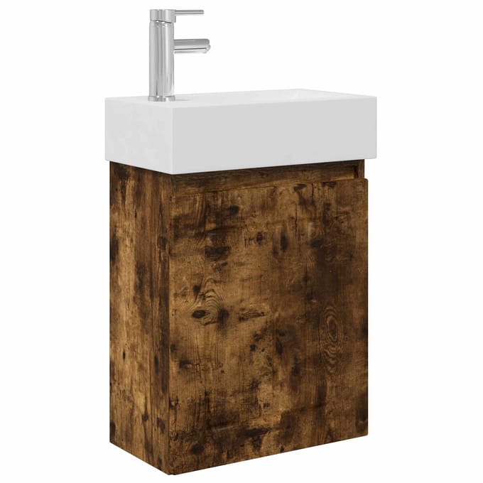 vidaXL - Badkamermeubel - met - kraan - Gerookt - eiken - 45,5 - x - 25,5 - x - 84 - cm