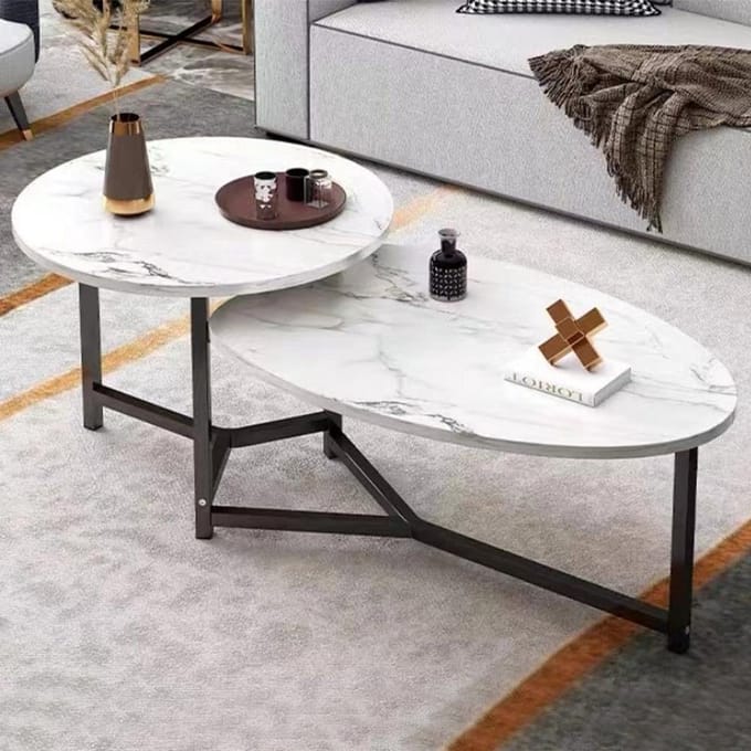 Luxe Salontafel met 2 Niveaus - Rond & Ovaal Marmerlook Design