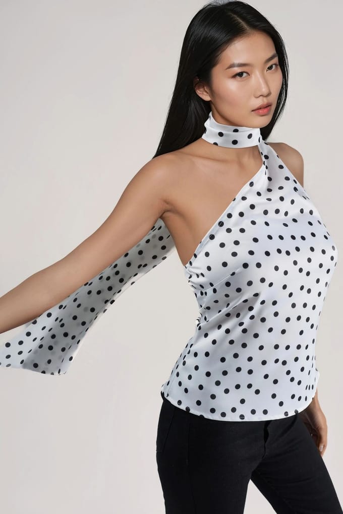 Asymmetrische Kraag Polka Dot Satijnen Blouse