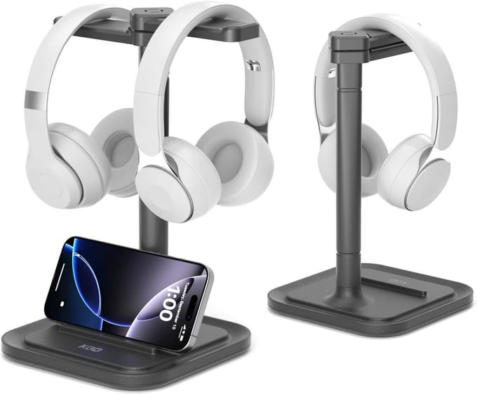 2-in-1 Desk Headphone Stand with Phone Holder - Rotating Non-Slip Organizer for All Headphone Sizes