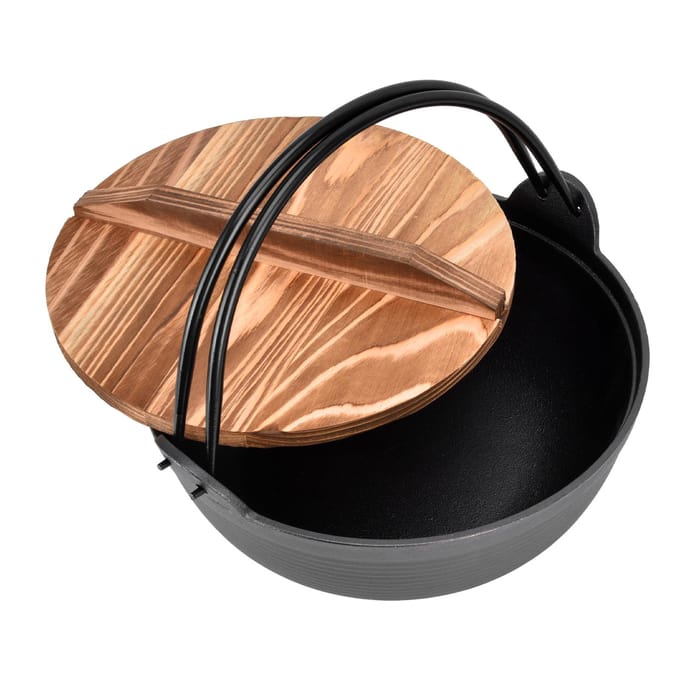Sukiyaki Pan 9.8in Duurzaam Stevig Gietijzer Houten Deksel Anti-aanbak Uniforme Verhitting Brede Toepassing L brown
