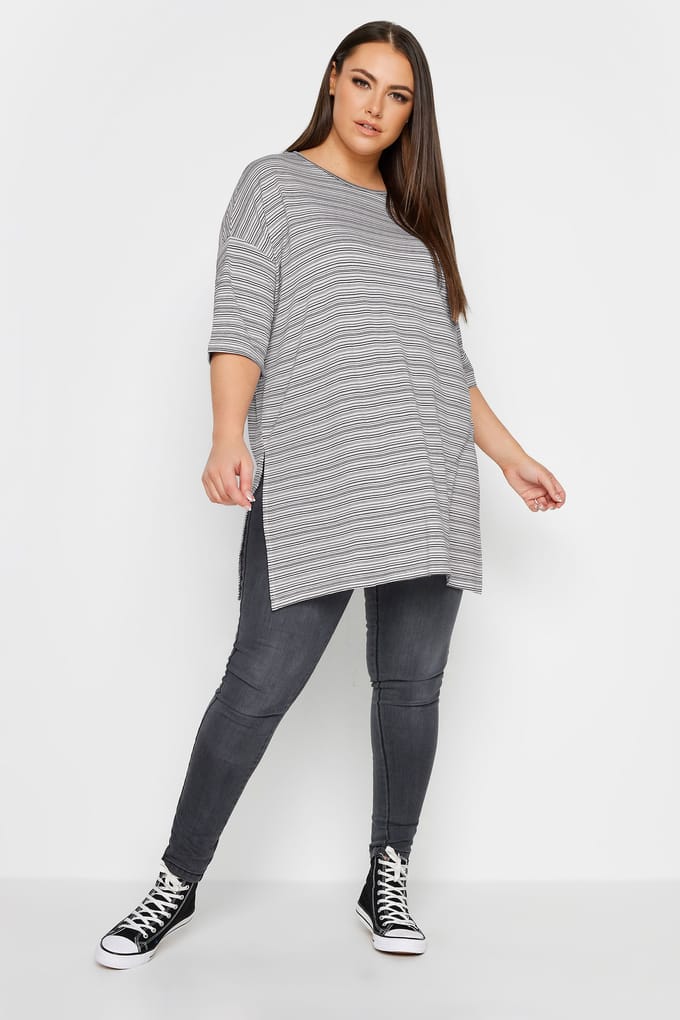 Yours Oversized Top Met Strepenprint En Halflange Mouwen In Wit/Zwart Size 44
