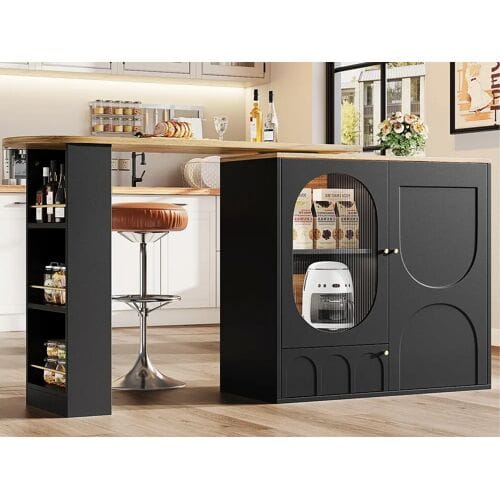 ModernLuxe Draaibare en inklapbare barkast 360° - 204×39×105 cm - 3 deuren - open planken - zwart