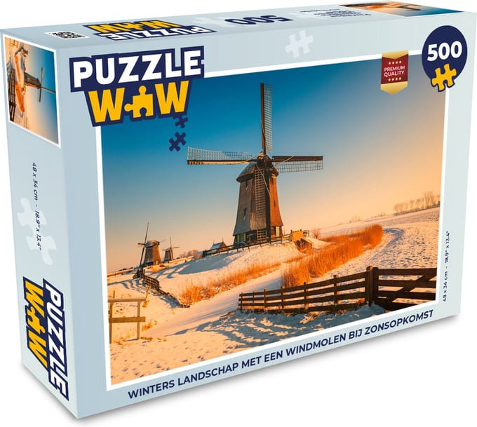 Puzzel Winters landschap met een windmolen bij zonsopkomst - Legpuzzel - Puzzel 500 stukjes